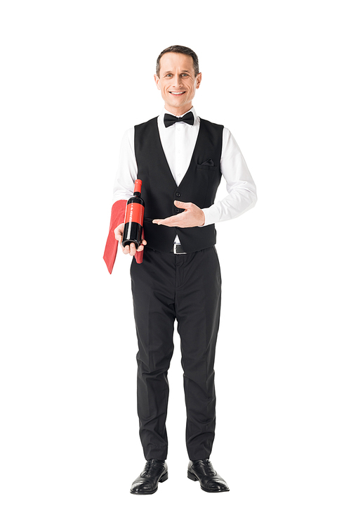 Elegant waiter showing bottle of wine isolated on white