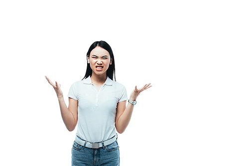 angry asian girl showing teeth and gesturing isolated on white