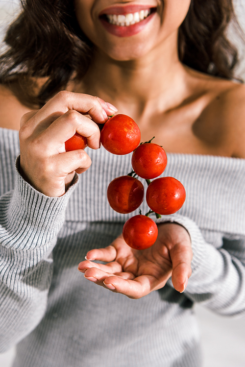 cropped view of happy woman holding red and fresh cherry tomatoes
