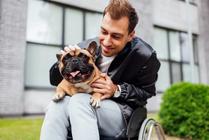 Smiling man in wheelchair petting french bulldog on urban street