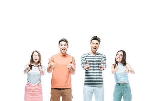 excited friends screaming and showing thumbs up isolated on white