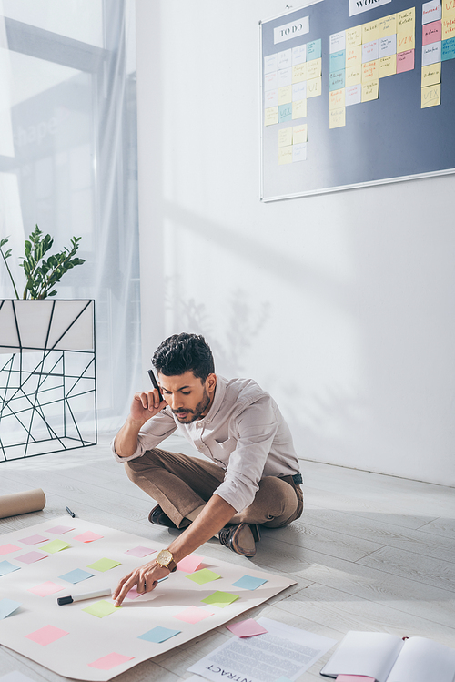 mixed race scrum master sitting on floor near sticky notes