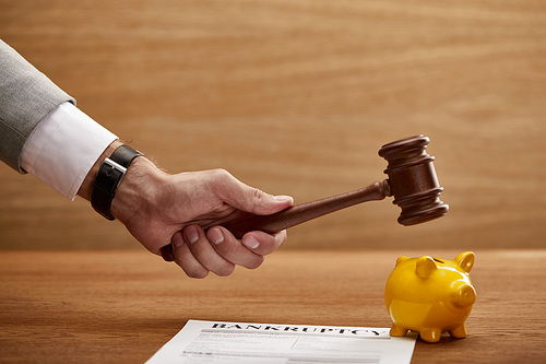 cropped view of man holding wooden gavel above yellow piggy bank near bankruptcy form