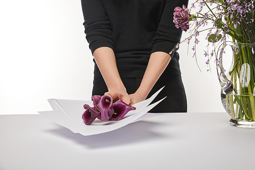 cropped view of florist wrapping purple calla flowers in paper isolated on white