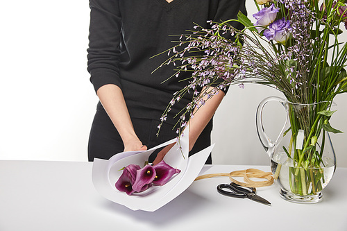cropped view of florist wrapping purple calla flowers in paper isolated on white