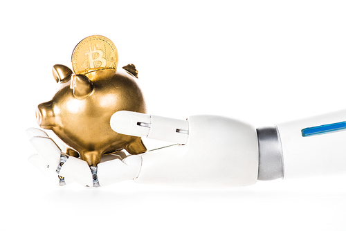 close-up view of robotic arm holding golden piggy bank with bitcoin isolated on white