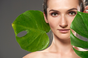 beautiful nude girl with monstera leaves, isolated on grey