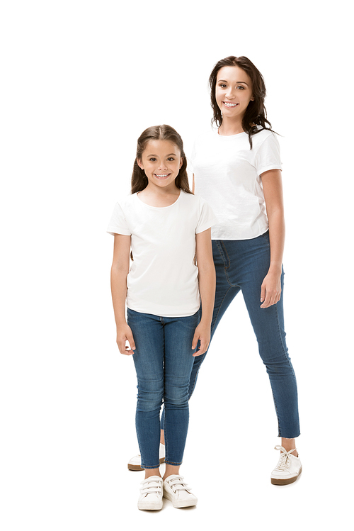 happy mother and daughter in white shirts  isolated on white