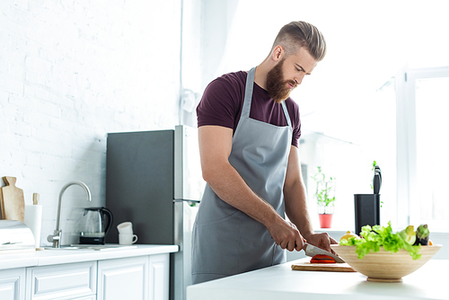 handsome bearded young man in apron cutting vegetables while cooking in kitchen