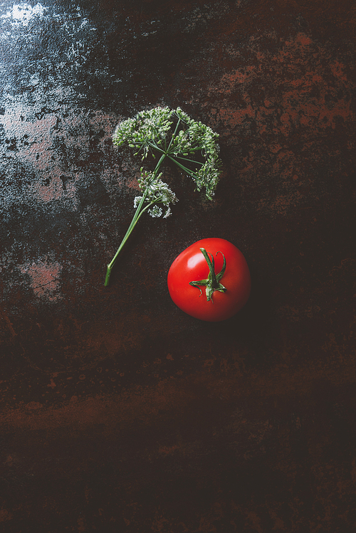 top view of red tomato and parsley flower on rusty background