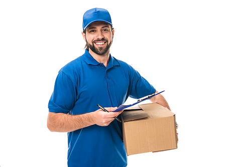 happy young delivery man holding clipboard and cardboard box isolated on white