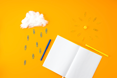 top view of blank notebook and cloud with sun made of paper clips and cotton on yellow