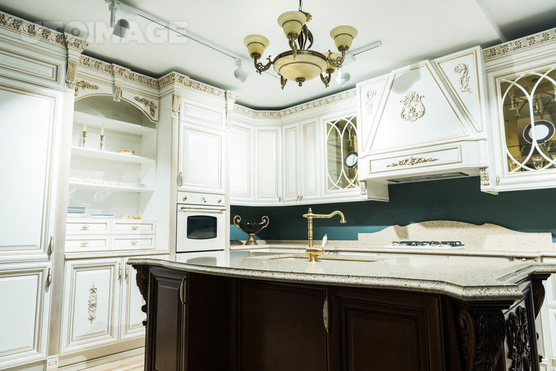 유토이미지 | interior of modern white kitchen with comfortable wooden furniture in baroque style