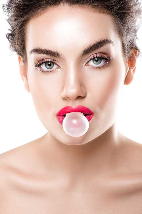 beautiful fashionable girl with bubble of chewing gum, isolated on white