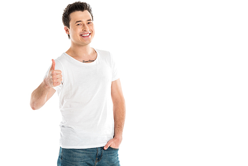 handsome smiling man showing thumbs up sign and  isolated on white