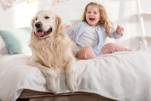 laughing adorable kid and cute golden retriever sitting on bed together in children room