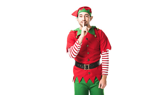 man in christmas elf costume showing hush silence sign and  isolated on white