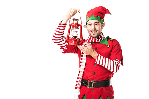 cheerful man in christmas elf costume holding red lantern and  isolated on white