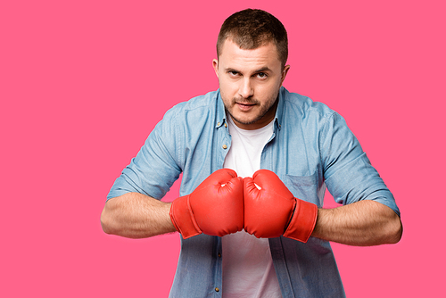 serious young man in boxing gloves  isolated on pink