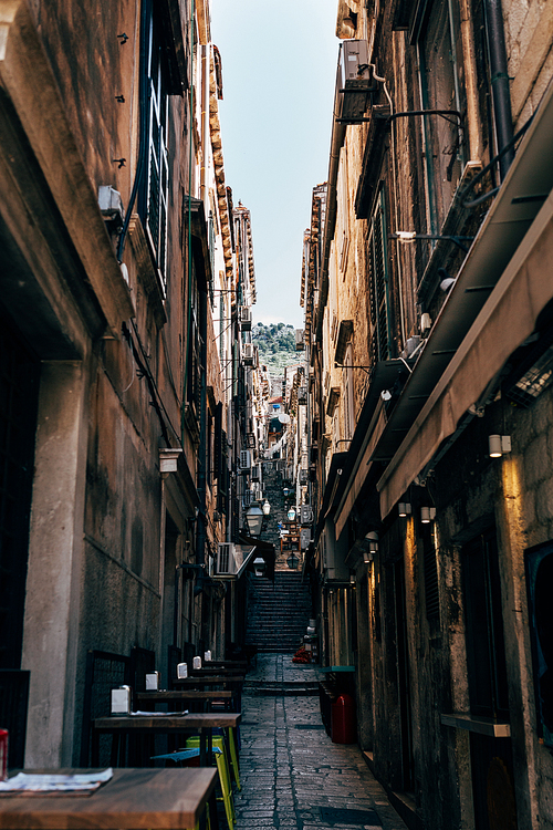 urban scene with empty narrow street in Dubrovnik city, Croatia