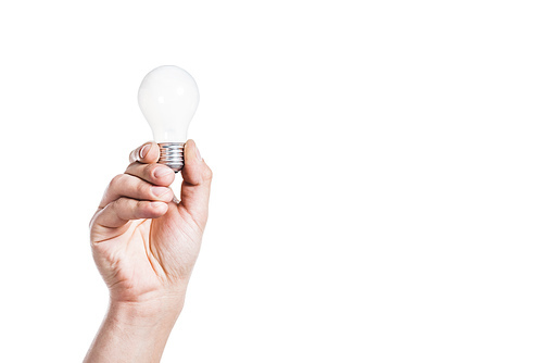 cropped view of man holding light bulb isolated on white, energy efficiency concept