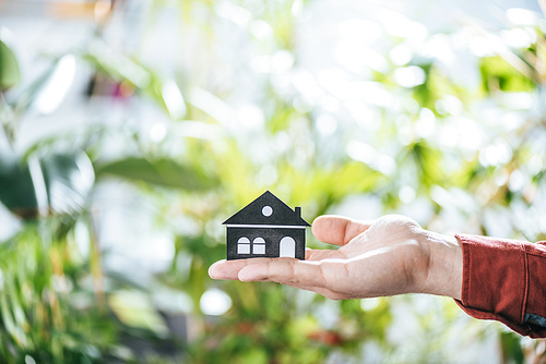 cropped view of mah holding paper house, energy efficiency at home concept