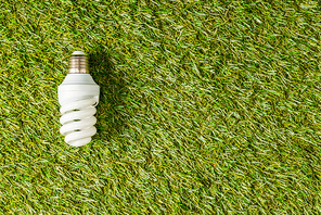 top view of fluorescent lamp on green grass, energy efficiency concept