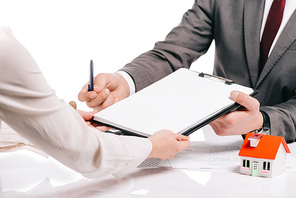 cropped view of mortgage broker and woman making deal isolated on white, mortgage concept