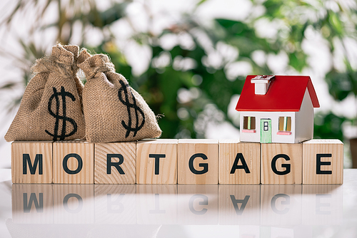 selective focus of moneybags with dollar signs and house model on wooden cubes with letters, mortgage concept