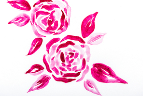 Top view of pink watercolor flowers with leaves on white background