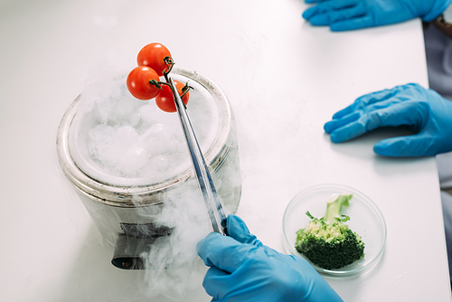 cropped view of female scientists experimenting with dry ice and vegetables in chemical laboratory