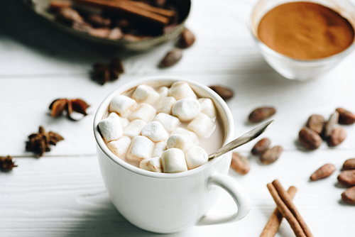 selective focus of cup of cacao with sweet marshmallow and spoon on wooden surface with various spices