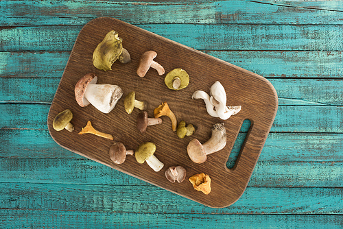 Different types of mushrooms on a wooden cutting board on turquoise surface