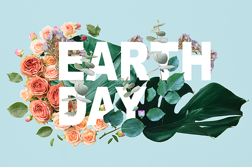 monstera leaves on blue background with flowers illustration and earth day lettering