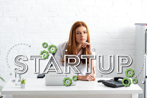 Businesswoman with hand near chin  near laptop and phone on table, startup illustration