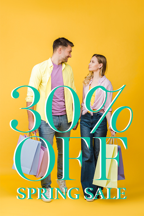 beautiful couple holding shopping bags and looking at each other on yellow, 30 percent off spring sale illustration