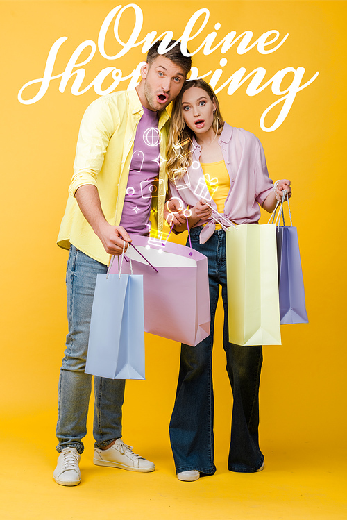 beautiful surprised couple holding shopping bags on yellow, online shopping illustration