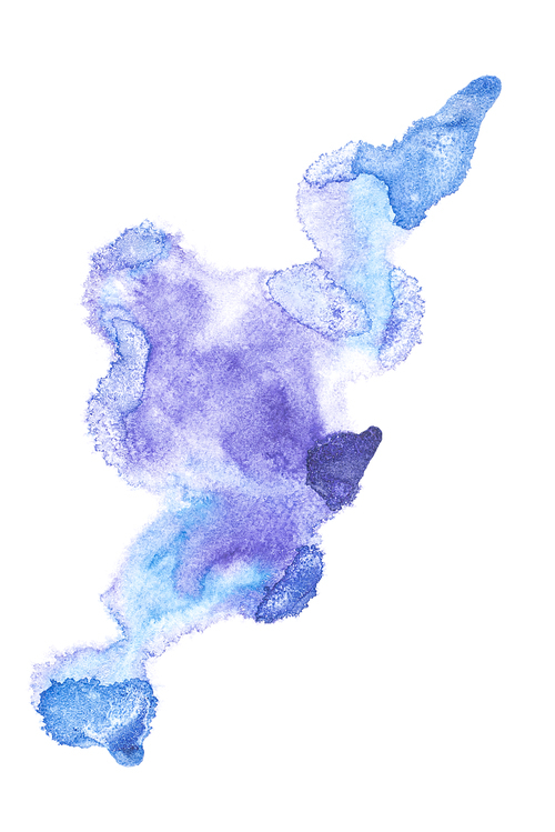 Abstract painting with blue watercolour paint blots on white