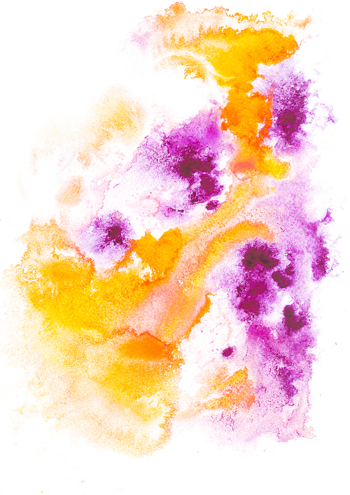 Abstract painting with orange and purple paint blots and strokes on white
