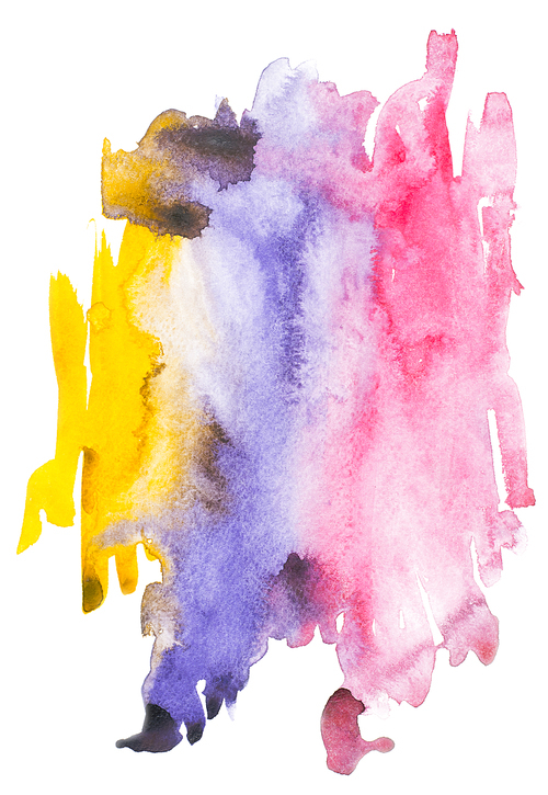 Abstract painting with colorful watercolour paint blots and strokes on white