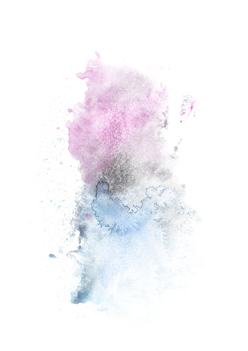 Abstract painting with light blue and purple paint blots on white