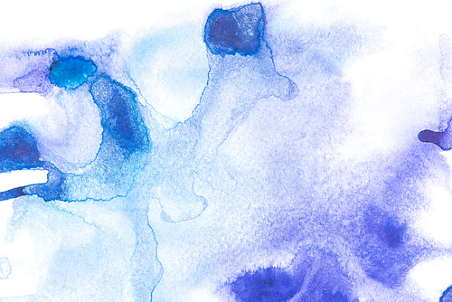 Abstract painting with blue watercolour paint spots on white