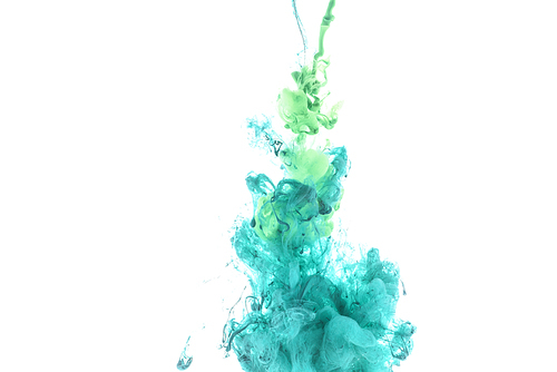 close up view of green and blue paint splashes isolated on white