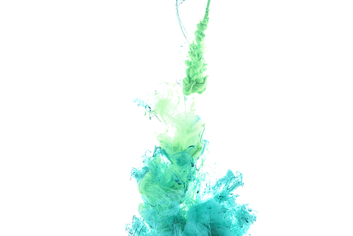 close up view of green and blue paint splashes isolated on white