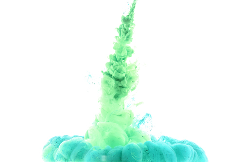 close up view of green and blue paint splashes isolated on white