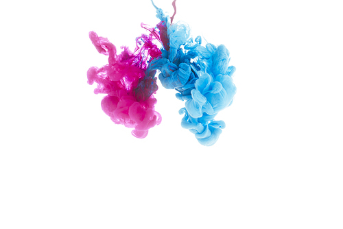mixing of blue and pink paint splashes isolated on white