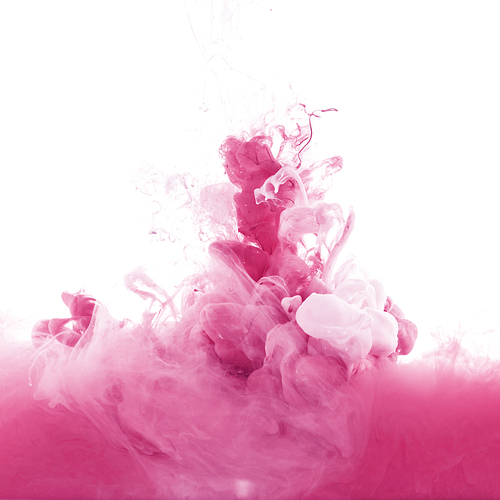 close up view of pink and light pink paint splashes in water, isolated on white