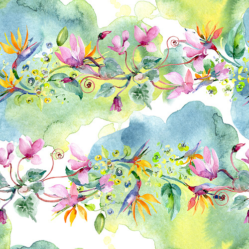 Bouquet floral botanical flowers. Wild spring leaf wildflower. Watercolor illustration set. Watercolour drawing fashion aquarelle. Seamless background pattern. Fabric wallpaper print texture.