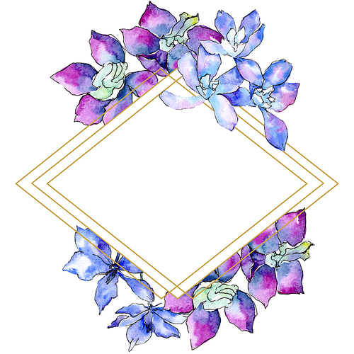 Purple orchid flower. Watercolor background illustration set. Frame border ornament rhombus. Geometric polyhedron crystal mosaic shape.