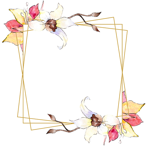 Yellow and white orchid flower. Watercolor background illustration set. Golden square polygonal frame with flowers. Geometric polyhedron crystal shape.